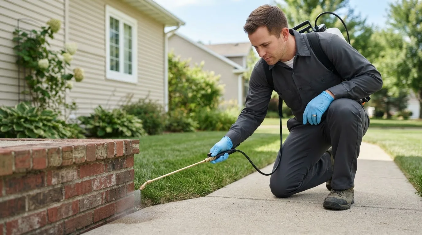 Pest control technician treating a home near Dickens, NE