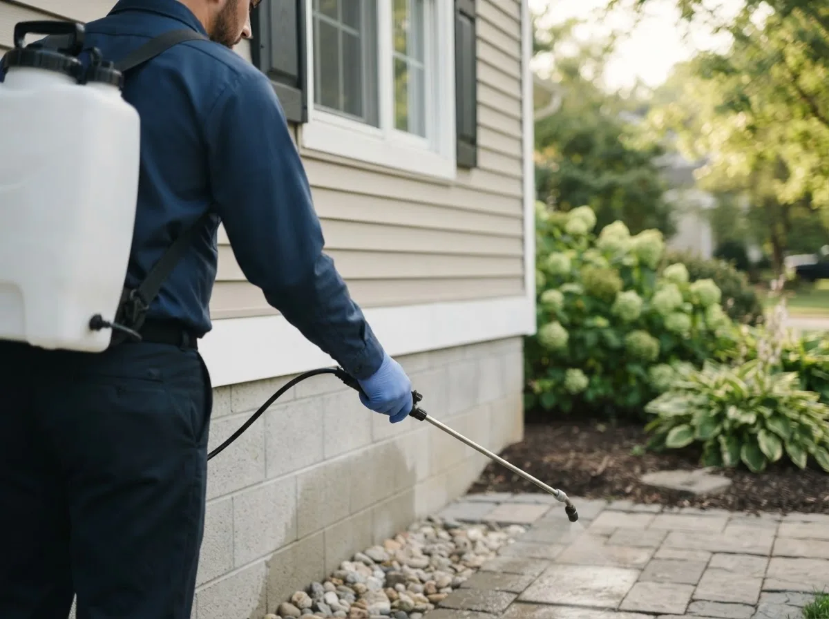Pest control technician inspecting a home in Dickens, NE